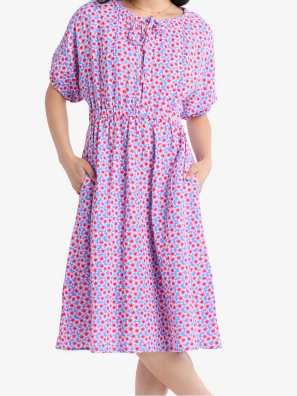 Sweet Rain Floral Tie-Neck Midi Dress in Blue & Red